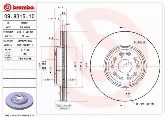 BREMBO TARCZE HAMULCOWE PRZÓD 09.8315.10 