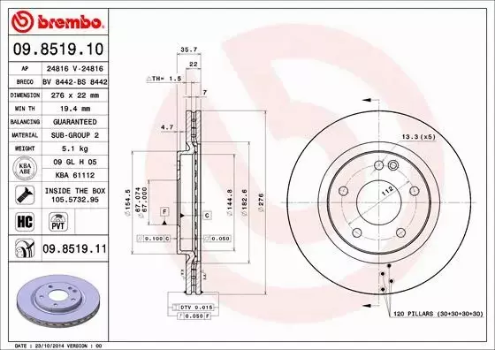 BREMBO TARCZE HAMULCOWE 09.8519.11 