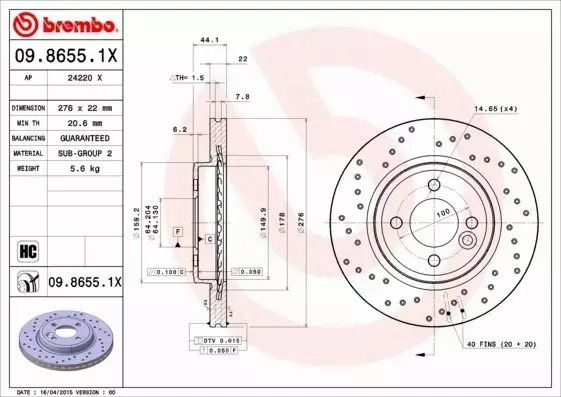 BREMBO TARCZE HAMULCOWE PRZÓD 09.8655.1X 