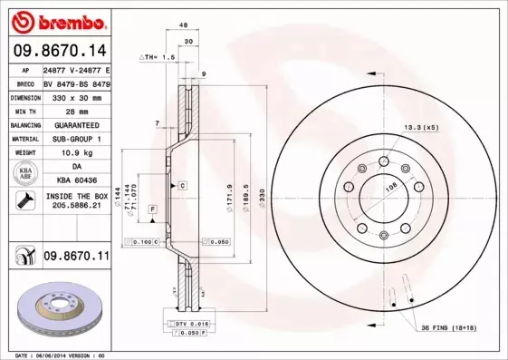 BREMBO TARCZE HAMULCOWE PRZÓD 09.8670.11 