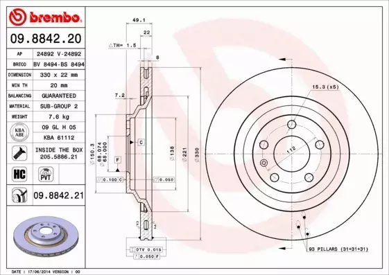 BREMBO TARCZE HAMULCOWE TYŁ 09.8842.21 