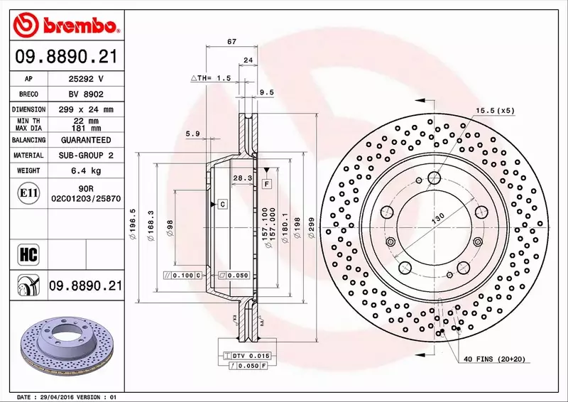 BREMBO TARCZE HAMULCOWE TYŁ 09.8890.21 