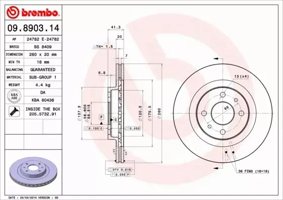 BREMBO TARCZE HAMULCOWE PRZÓD 09.8903.14 