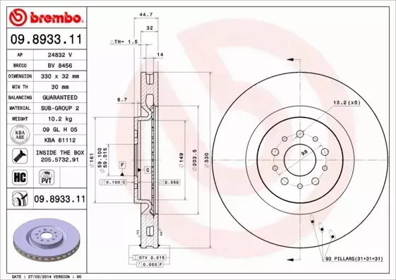 BREMBO TARCZE HAMULCOWE PRZÓD 09.8933.11 