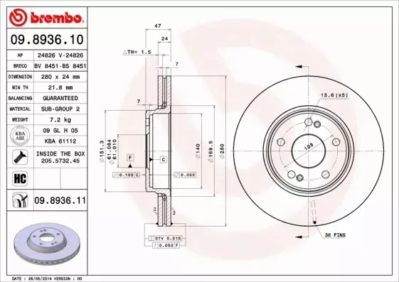 BREMBO TARCZE HAMULCOWE PRZÓD 09.8936.10 