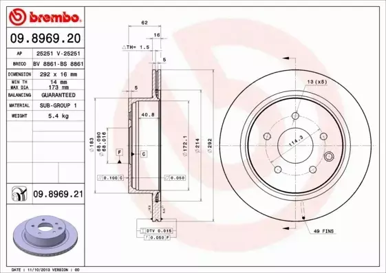 BREMBO TARCZE HAMULCOWE TYŁ 09.8969.21 