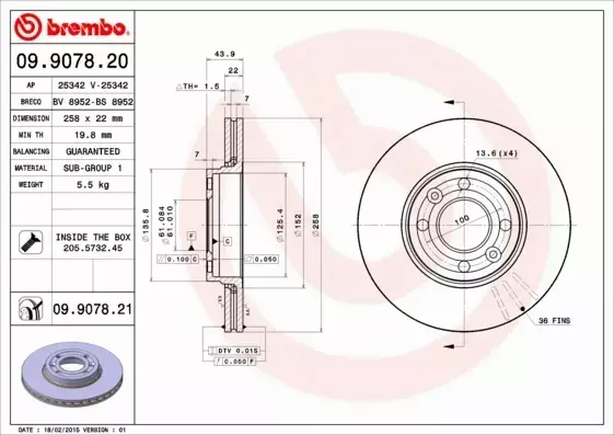 BREMBO TARCZE HAMULCOWE PRZÓD 09.9078.21 