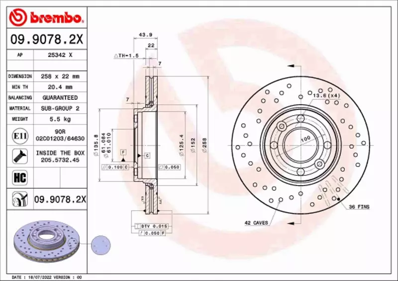 BREMBO TARCZA HAMULCOWA 09.9078.2X 