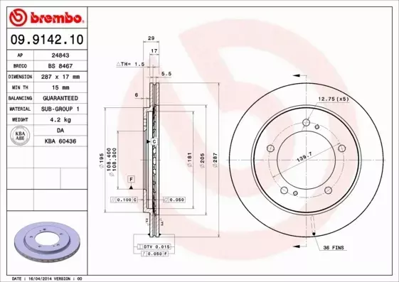 BREMBO TARCZE HAMULCOWE PRZÓD 09.9142.10 