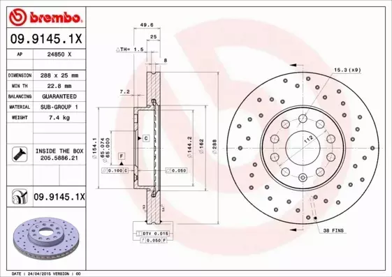 BREMBO TARCZE HAMULCOWE PRZÓD AUDI A3 8P 8V 288MM 