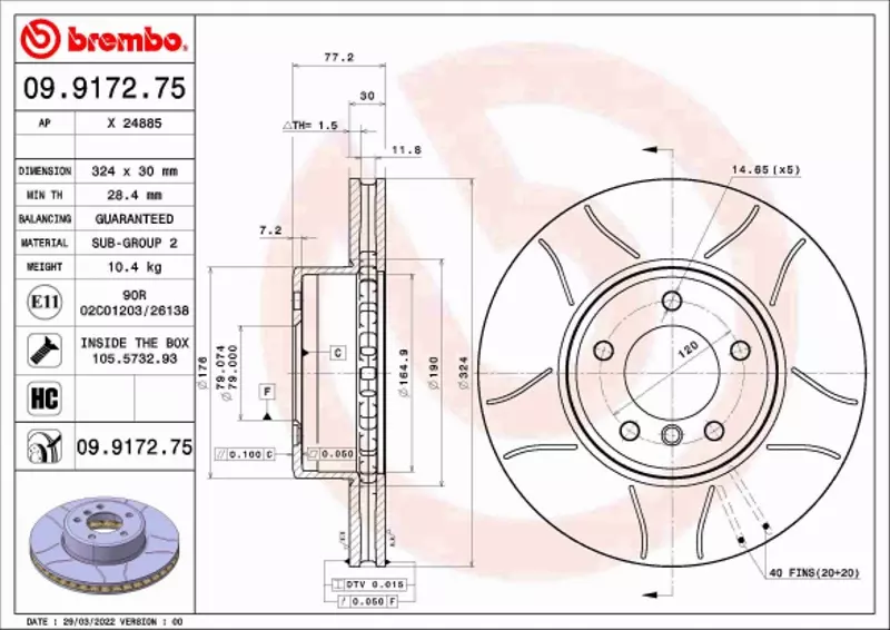 BREMBO TARCZA HAMULCOWA 09.9172.75 