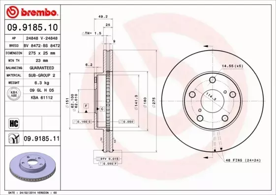 BREMBO TARCZE HAMULCOWE PRZÓD 09.9185.10 