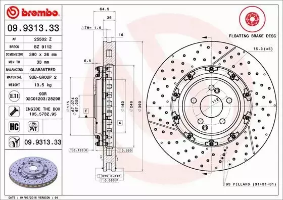 BREMBO TARCZE HAMULCOWE PRZÓD 09.9313.33 