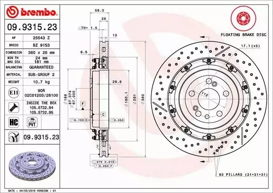 BREMBO TARCZA HAMULCOWA 09.9315.23 