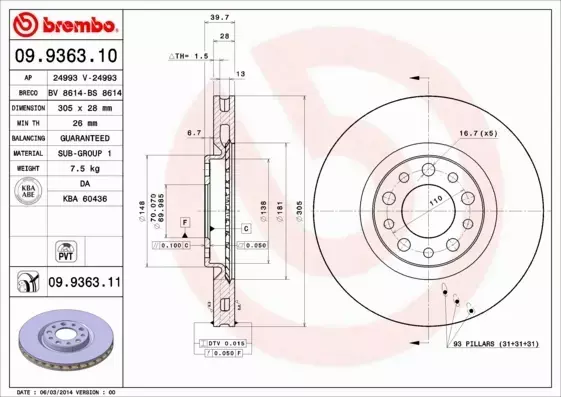 BREMBO TARCZE HAMULCOWE PRZÓD 09.9363.10 