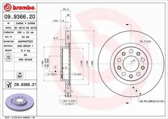 BREMBO TARCZE+KLOCKI T ALFA ROMEO 159 BRERA 292MM 