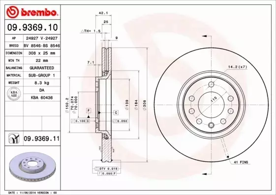 BREMBO TARCZE HAMULCOWE PRZÓD 09.9369.11 