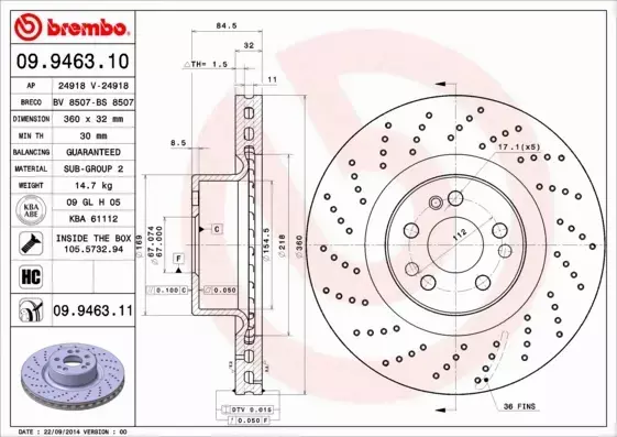 BREMBO TARCZE HAMULCOWE PRZÓD 09.9463.11 