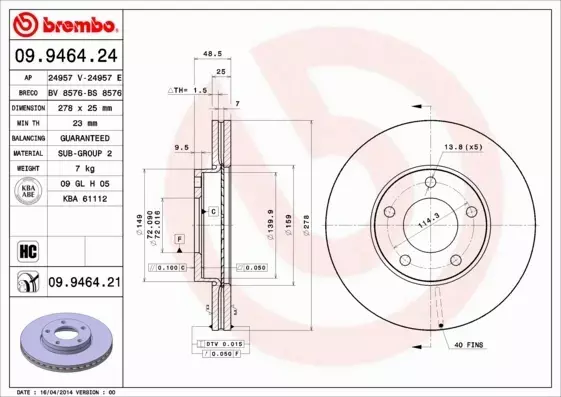 BREMBO TARCZE HAMULCOWE PRZÓD 09.9464.21 