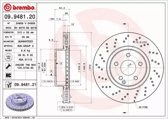 BREMBO Tarcza hamulcowa 09.9481.21 