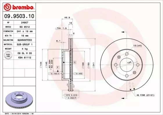 BREMBO TARCZE HAMULCOWE PRZÓD 09.9503.10 