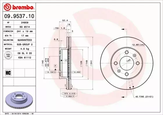 BREMBO TARCZE HAMULCOWE PRZÓD 09.9537.10 