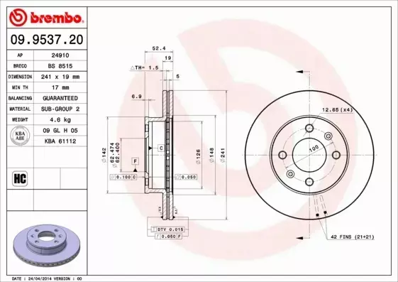 BREMBO TARCZE HAMULCOWE PRZÓD 09.9537.20 