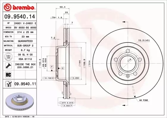 BREMBO TARCZE HAM PRZÓD AUDI A6 C6 / AVANT 314MM 