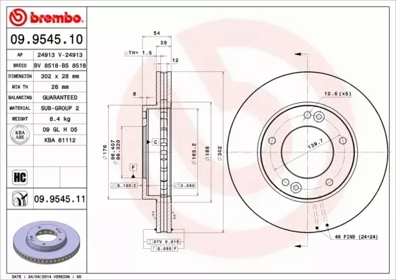 BREMBO TARCZE HAMULCOWE PRZÓD 09.9545.11 