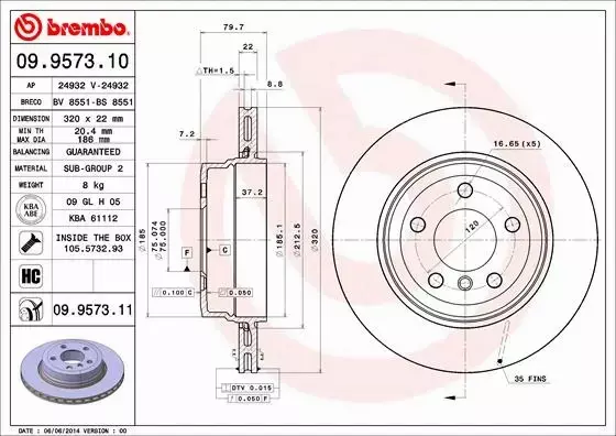 BREMBO TARCZE HAMULCOWE TYŁ 09.9573.11 