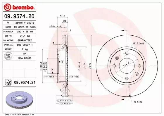 BREMBO TARCZE HAMULCOWE PRZÓD 09.9574.21 