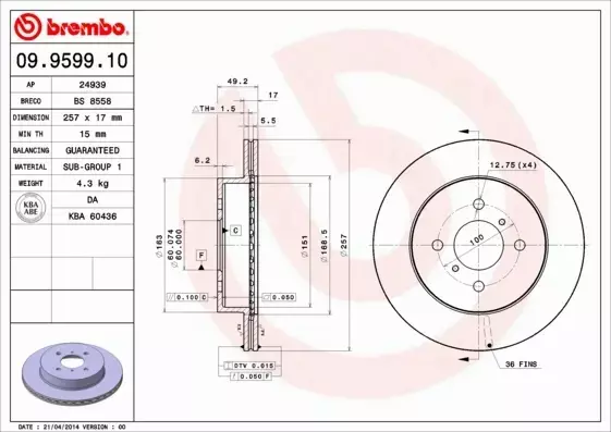 BREMBO TARCZE HAMULCOWE PRZÓD 09.9599.10 