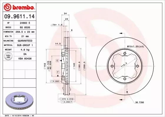 BREMBO TARCZE HAMULCOWE PRZÓD 09.9611.14 