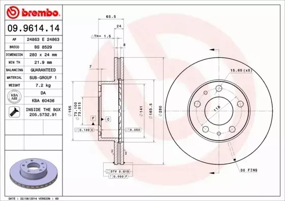 BREMBO TARCZE HAMULCOWE PRZÓD 09.9614.14 