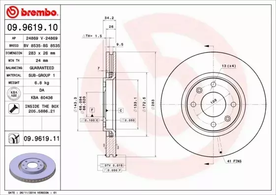 BREMBO TARCZE+KLOCKI PRZÓD CITROEN C5 I II 283MM 