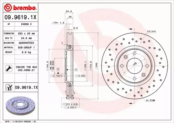 BREMBO TARCZE HAMULCOWE PRZÓD 09.9619.1X 