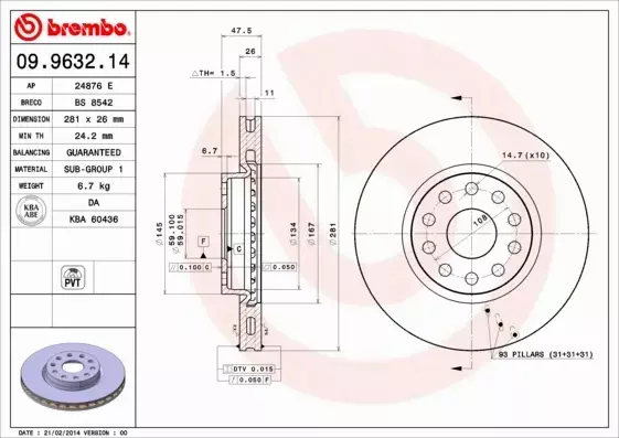 BREMBO TARCZE HAMULCOWE PRZÓD 09.9632.14 