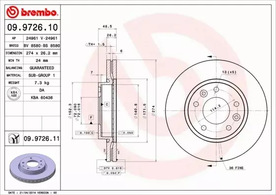 BREMBO TARCZE HAMULCOWE PRZÓD 09.9726.11 