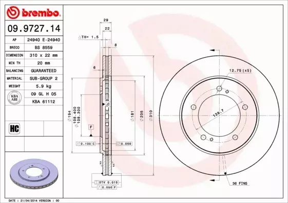 BREMBO TARCZE HAMULCOWE PRZÓD 09.9727.14 