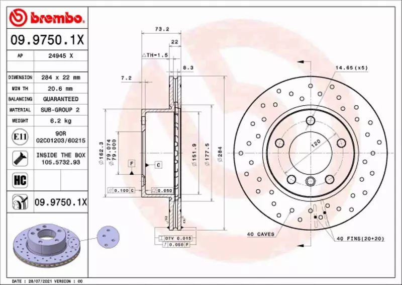 BREMBO TARCZA HAMULCOWA 09.9750.1X 