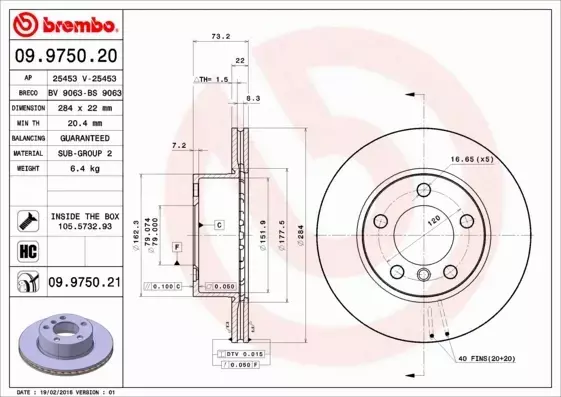 BREMBO TARCZE HAMULCOWE PRZÓD 09.9750.21 