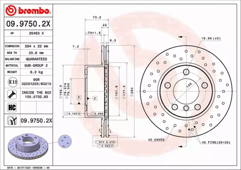 BREMBO TARCZA HAMULCOWA 09.9750.2X 