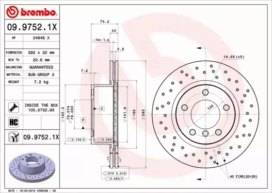 BREMBO TARCZE HAMULCOWE PRZÓD 09.9752.1X 