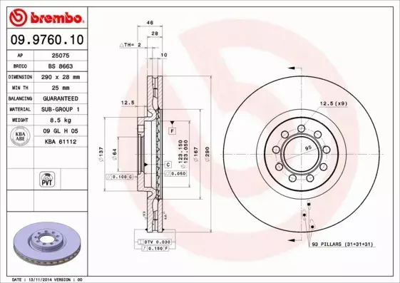 BREMBO TARCZE HAMULCOWE PRZÓD 09.9760.10 