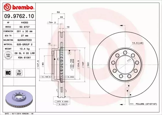 BREMBO TARCZE HAMULCOWE PRZÓD 09.9762.10 