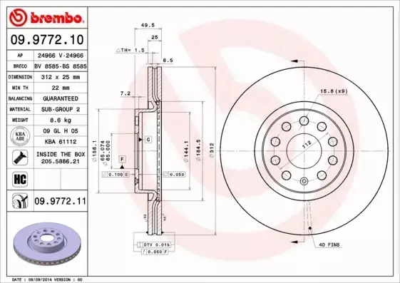 BREMBO TARCZE HAMULCOWE PRZÓD 09.9772.11 