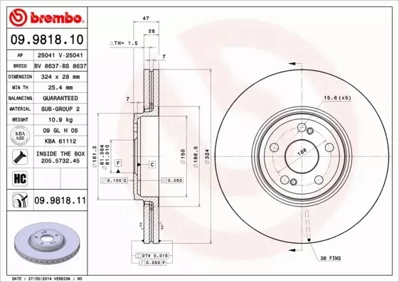 BREMBO TARCZE HAMULCOWE PRZÓD 09.9818.10 