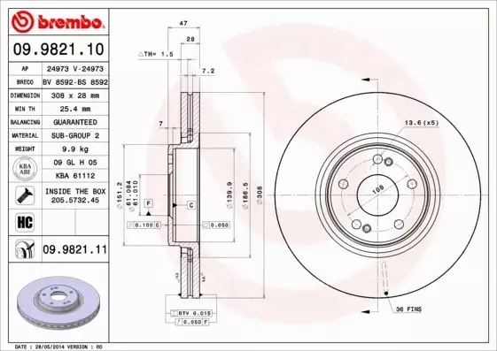 BREMBO TARCZE HAMULCOWE PRZÓD 09.9821.10 