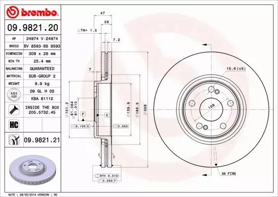 BREMBO TARCZE HAMULCOWE PRZÓD 09.9821.21 