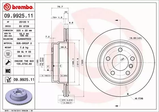 BREMBO TARCZE HAMULCOWE TYŁ 09.9925.11 